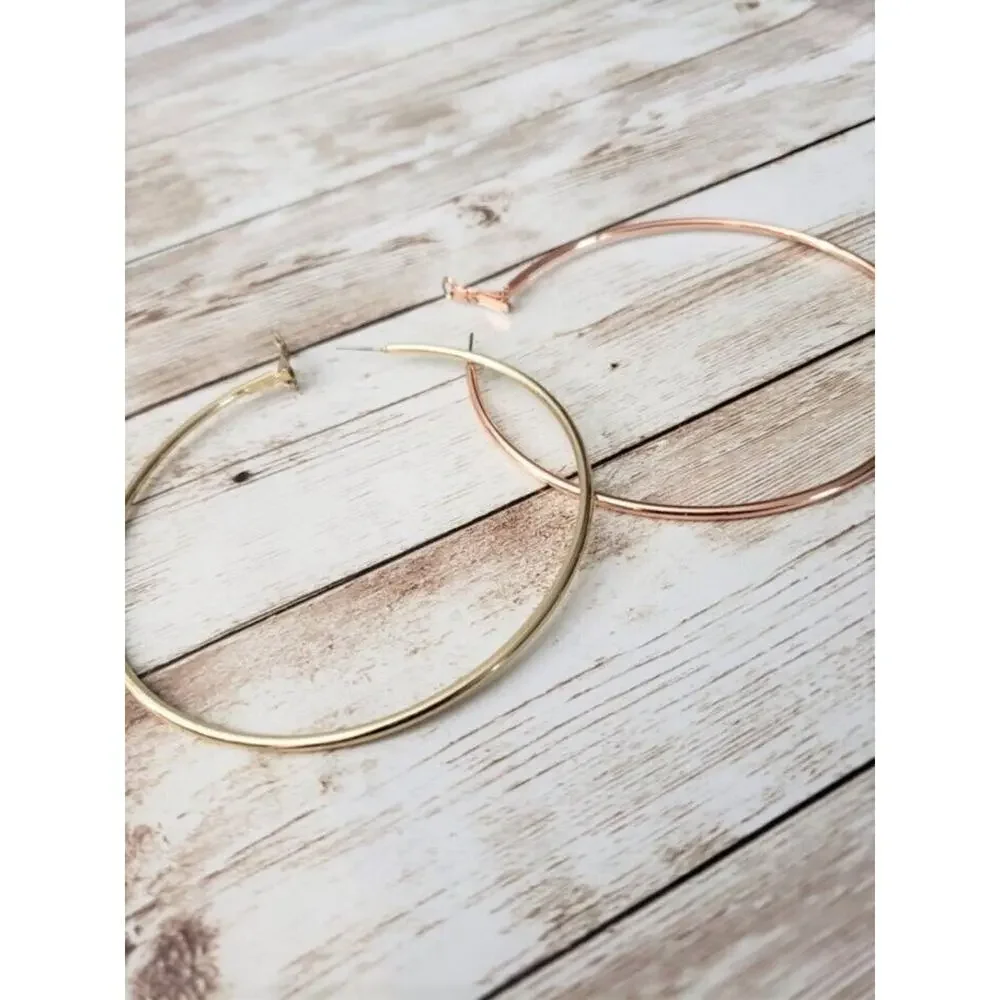 Extra Large Multi Tone Hoop Earrings (One Gold Tone, One Rose Gold Tone)